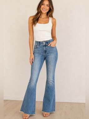 Judy Blue Flare Jeans Medium Wash Raw Hem Stretch Denim Size 33 (15)